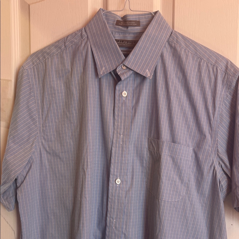 Daniel Cremieux Blue and White Beige Pinstripe Short-Sleeve Button-Down Shirt